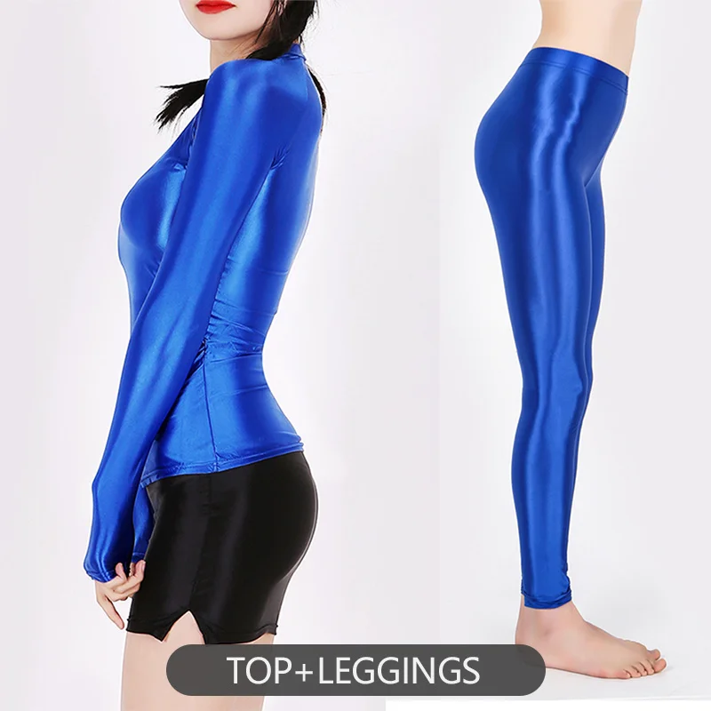 Transparent Glossy Women Clothes Sportswear Leggings Pants Sports Set Gym Seamless Long Sleeve Yoga Shirt Top Fitness Workout