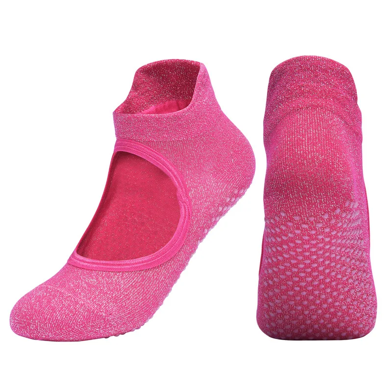1 пара, Нескользящие женские носки для йоги, пилатеса, женские дышащие спортивные хлопковые носки с серебряной проволокой для помещений, для спортзала, блестящие носки для танцев, calcetas depo - Цвет: Rose