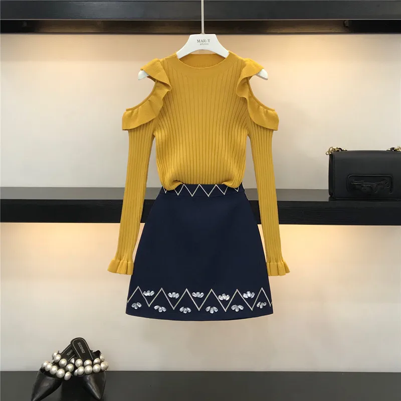 

Sexy Off shoulder Knit Pullover Tops and Skirt Sets Women's Flare Sleeve Ruffles Thin Sweater and Embroidery Mini Skirt Suit
