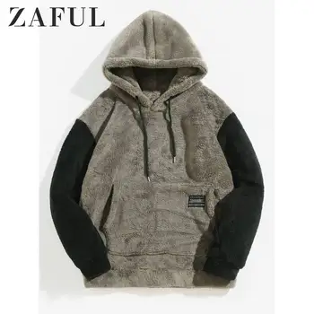 

ZAFUL Winter Men Hoodie Sweatshirts Color-Blocking Hip Hop Tops Boyfriend Hoody 2019Spliced Kangaroo Fluffy Pocket Men'S Hoodie