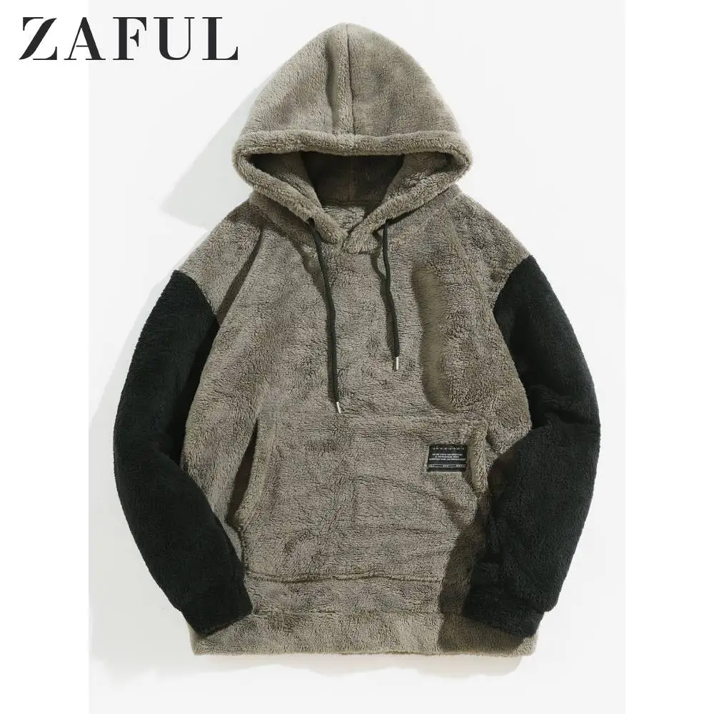 ZAFUL зимняя мужская толстовка с капюшоном цветным блоком пушистым карманом