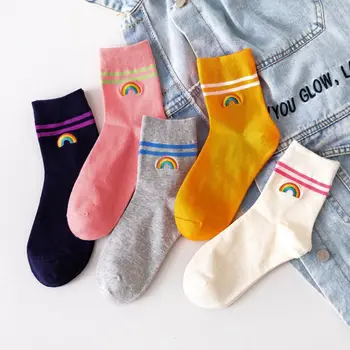 

2020 5 Pairs Women Cotton Crew Socks Double Stripes Rainbow Bridge Embroidery Hosiery