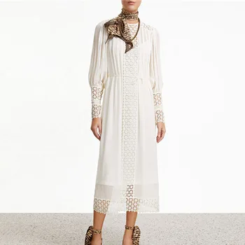 

Round Neck Lantern Long Sleeve High Waist Lace Hollowed Out Female Fashion Dresses Mosaic Lace for Chiffon Women Dress