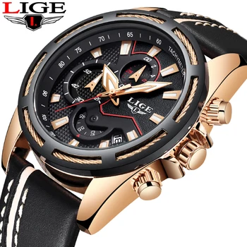 

Mens Watches Top Brand Luxury LIGE Men's Waterproof Military Sport Watch Mens Casual Leather Quartz Gold Watch Relogio Masculino
