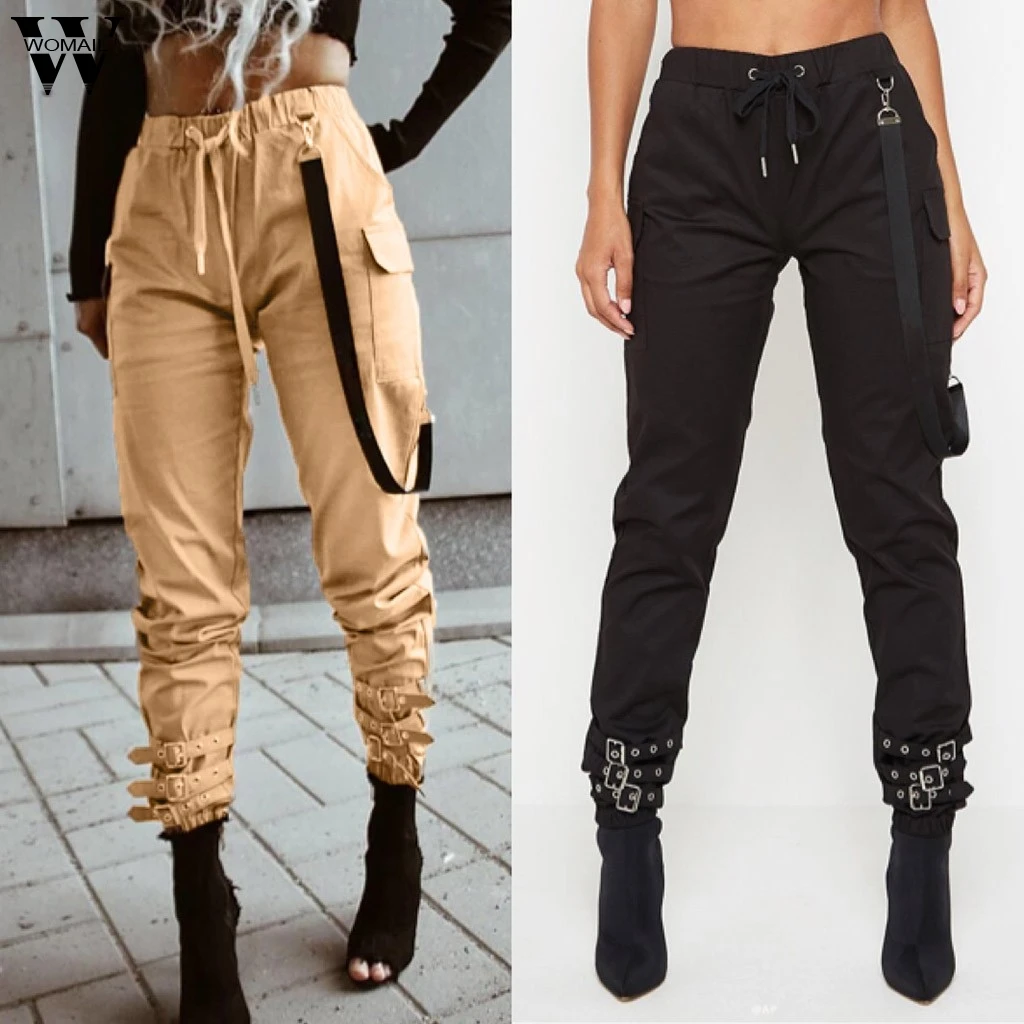Womail женские брюки женские хип-хоп повседневные брюки свободные и тонкие брюки с пряжкой дикая лента женские брюки-карго Брюки S-L
