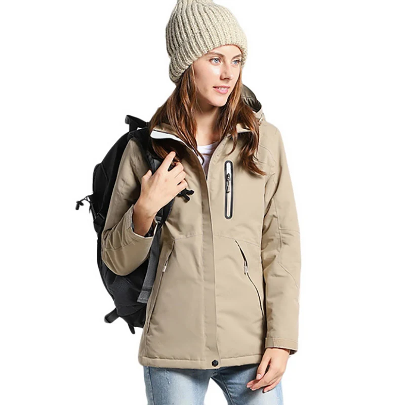Зимняя куртка с USB подогревом для мужчин и женщин, плюс размер, пуховое хлопковое Походное пальто, сохраняющее тепло, водонепроницаемая куртка, куртка мужская для дождя - Цвет: Women Khaki