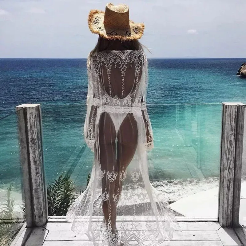 Элегантное сексуальное летнее пляжное платье с глубоким v-образным вырезом, Белая Кружевная туника, Женская пляжная одежда, купальник, накидка