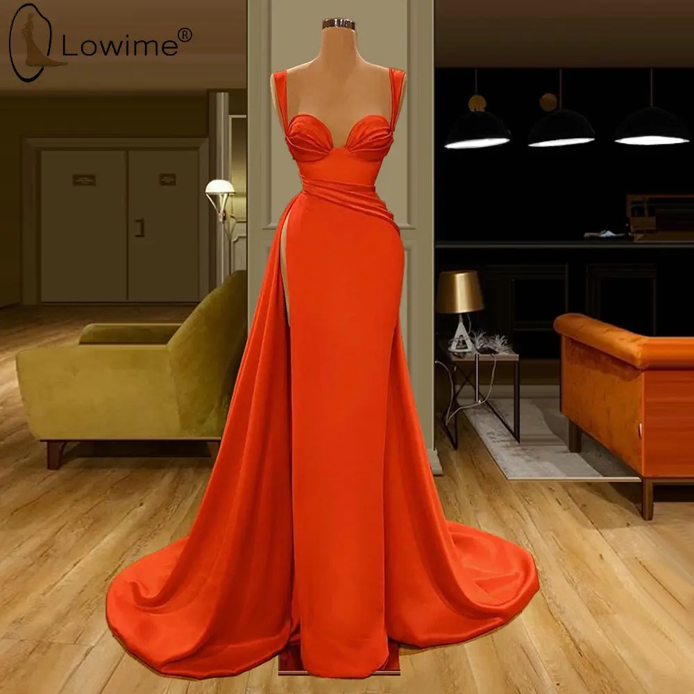 

Dubai Sexy High Split Orange Mermaid Evening Dresses 2020 Sweetheart Neck Satin Robe De Soiree Prom Party Gowns