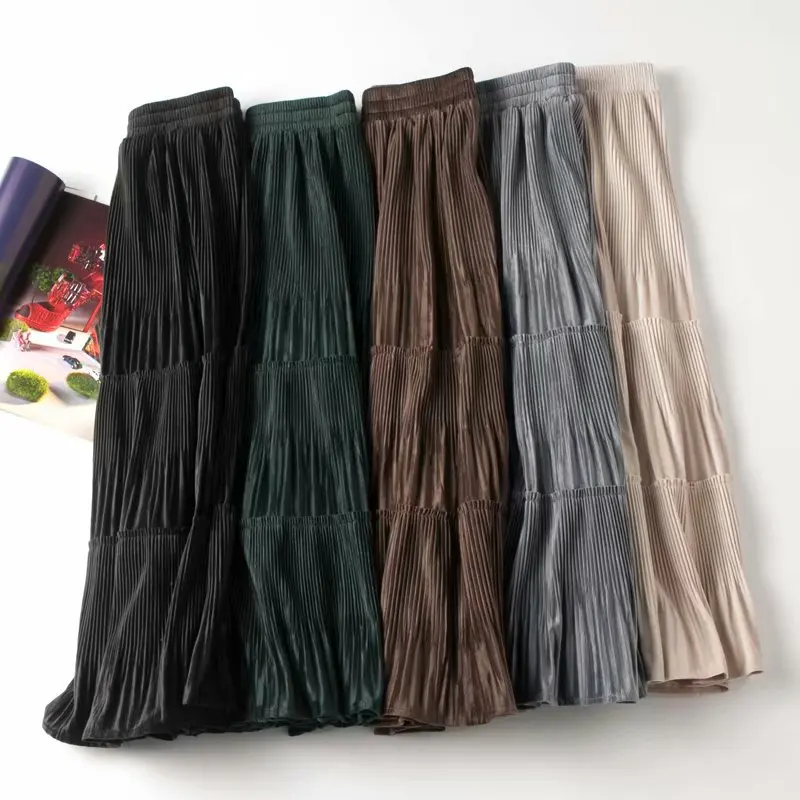 Зимняя винтажная плиссированная бархатная юбка средней длины с эластичной талией трапециевидной формы для женщин, теплые женские офисные юбки для женщин saia saias