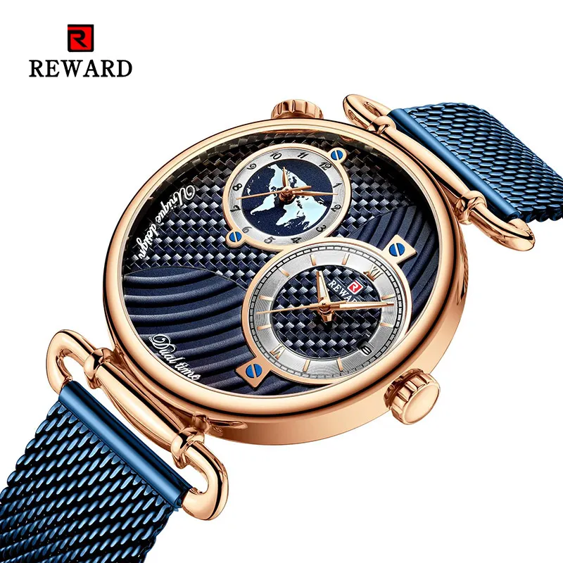 

2019 REWARD New Dual Time Display Watch Men Blue Dial Casual Fashion Steel Belt Mens Quartz Watches Top Brand Luxury Waterproof