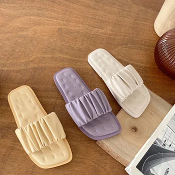 

2020 Summer Women Home Slippers Flat Pleated Designers Leather Casual Sandal Brand Fashion Woman Beach Dress Slides Shoes Yellow