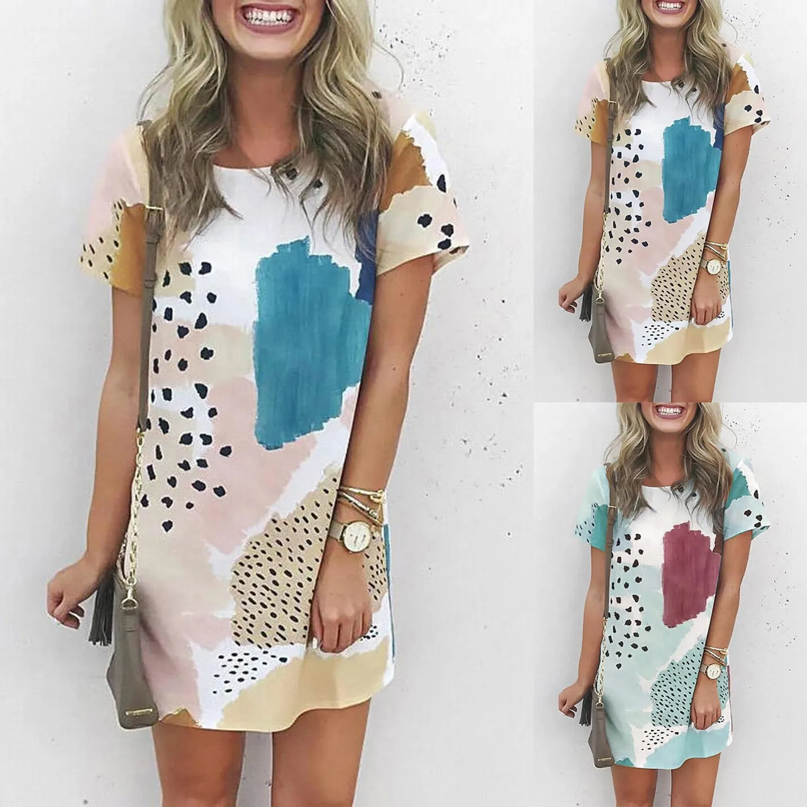 SAGACE Dress Women Fashion Casual Splicing Round Neck Color Contrast Short Sleeve Print temperament Платье Vestido De Mujer 1