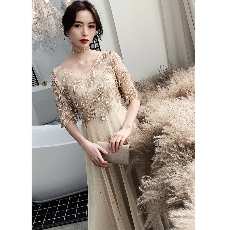 Это Yiiya Eveing платья расшитые блестками Половина рукава Robe De Soiree элегантное вечернее платье с v-образным вырезом размера плюс LF235