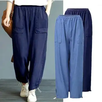 

ZANZEA Women's Pants 2020 Vintage Blue Trousers Casual Solid Long Streetwear Elastic Waist Pantalones Femme Sweatpants Oversized