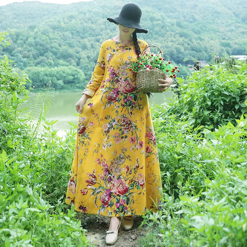 

2019 Spring New Style Ethnic-Style Large Size Dress Retro Loose-Fit Long Sleeve Cotton Linen Printed Big Hemline Dress