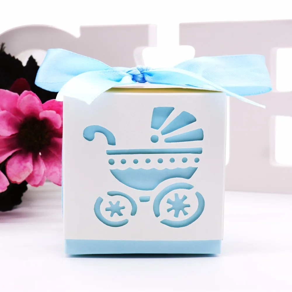 

50Pcs Laser Cut Baby Shower Car Candy Gifts Box Favor Boxes With Ribbon For Wedding Birthday Party DIY Decoration Supplies
