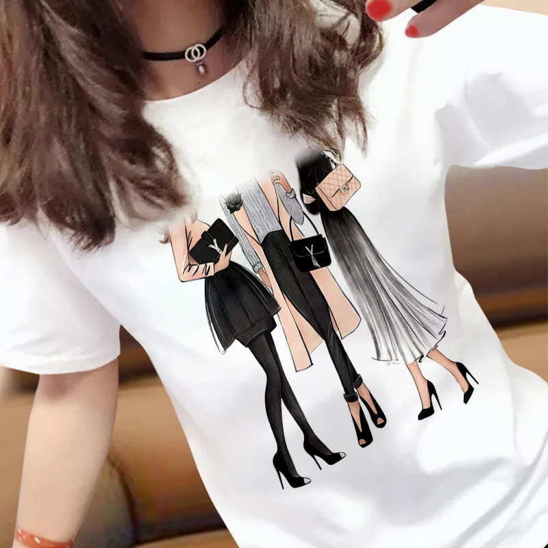 

New harajuku pretty lady images Printed T Shirts Women Casual Slim White T-shirt Short Sleeve Tops Fashion Streetwear Tshirt