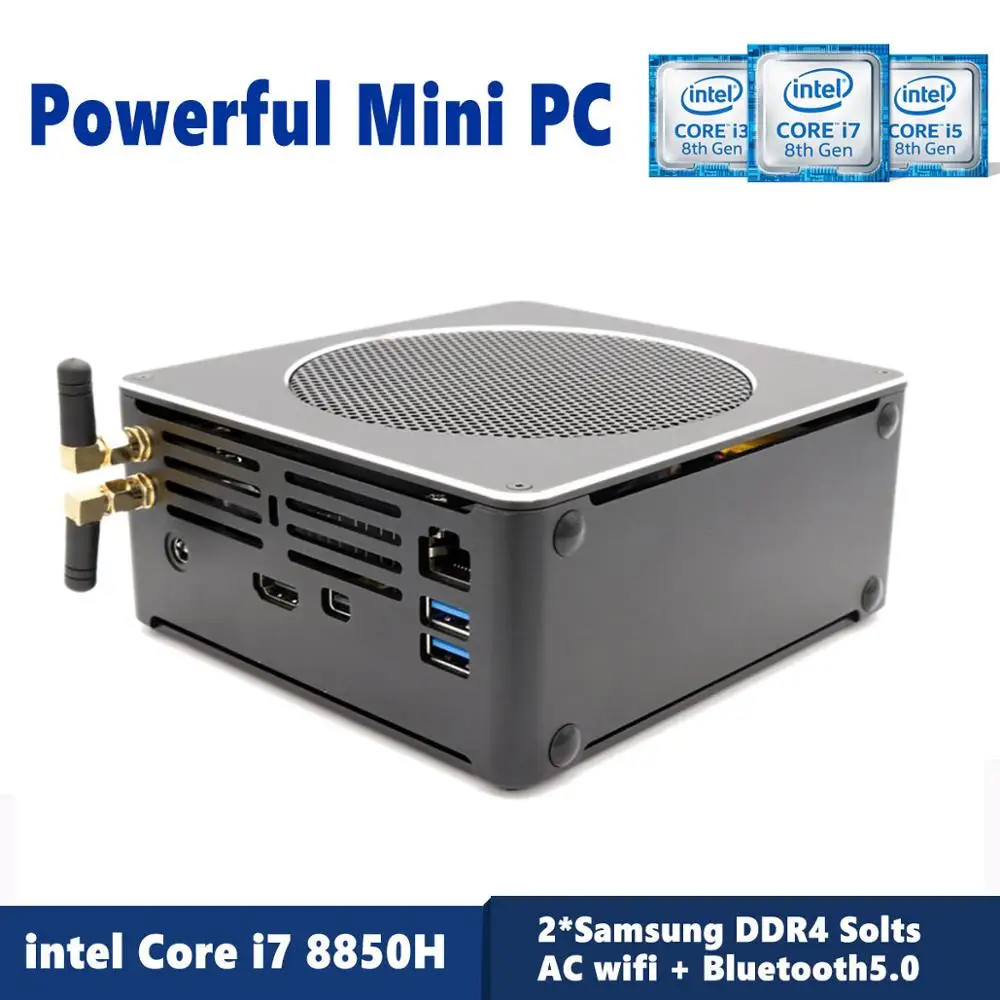 Мини ПК Intel i7-8850H Intel®UHD Графика 630 Мини компьютер, Windows 10 64 бит, 2* DDR4 слот/4 K Дисплей/AC Wi-Fi/BT 5,0/Ethernet