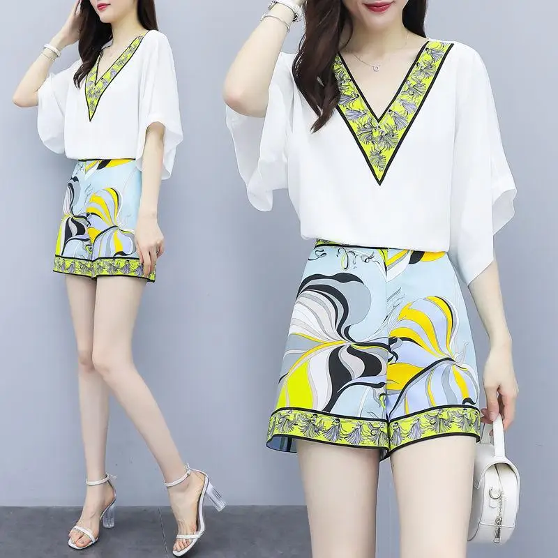 

2019 New Style WOMEN'S Dress Summer Two-Piece Pants Large Size Chiffon Tops with Shorts Casual Fashion WOMEN'S Suit Western Styl