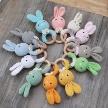 Anneau de dentition en Crochet sans BPA pour bébé, hochet en bois de dessin animé lapin, jouets DIY pour nouveau né, anneau de dentition, poussette, jouet pour bébé