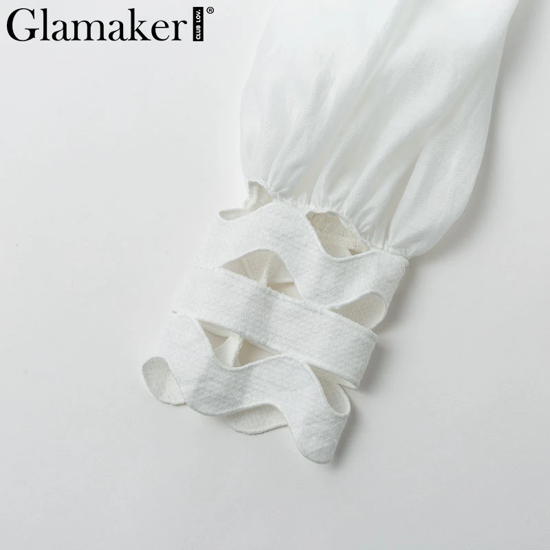 Glamaker Sexy transparent ruffle short dress Women long lantern sleeve A-line Organza white dress Button party autumn vestidos