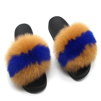 

Women's Real Fox Fur Slides Furry Slippers Fur Flip Flops Lovely Furry Shoes Fluffy Feather Slippers