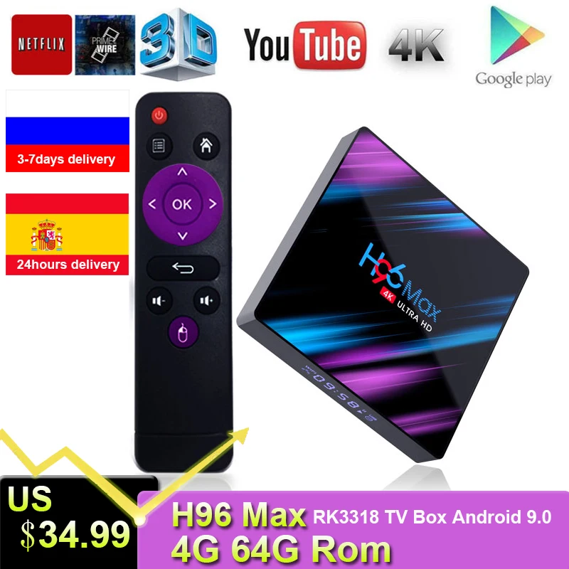 

H96 MAX RK3318 tv box smart Android 9.0 4GB 64GB Media player 4K Google Voice compte netflix Youtube RK3318 PK s905x3 Smart box