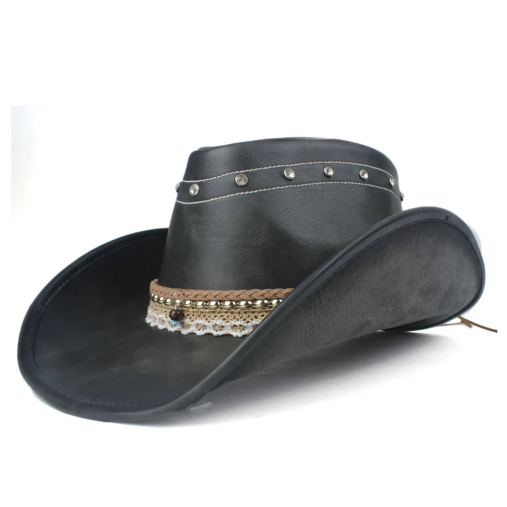 Кожаная женская черная западная ковбойская шляпа Женская широкая шляпа наружная производительность Женская ковбойская шляпа - Цвет: Black