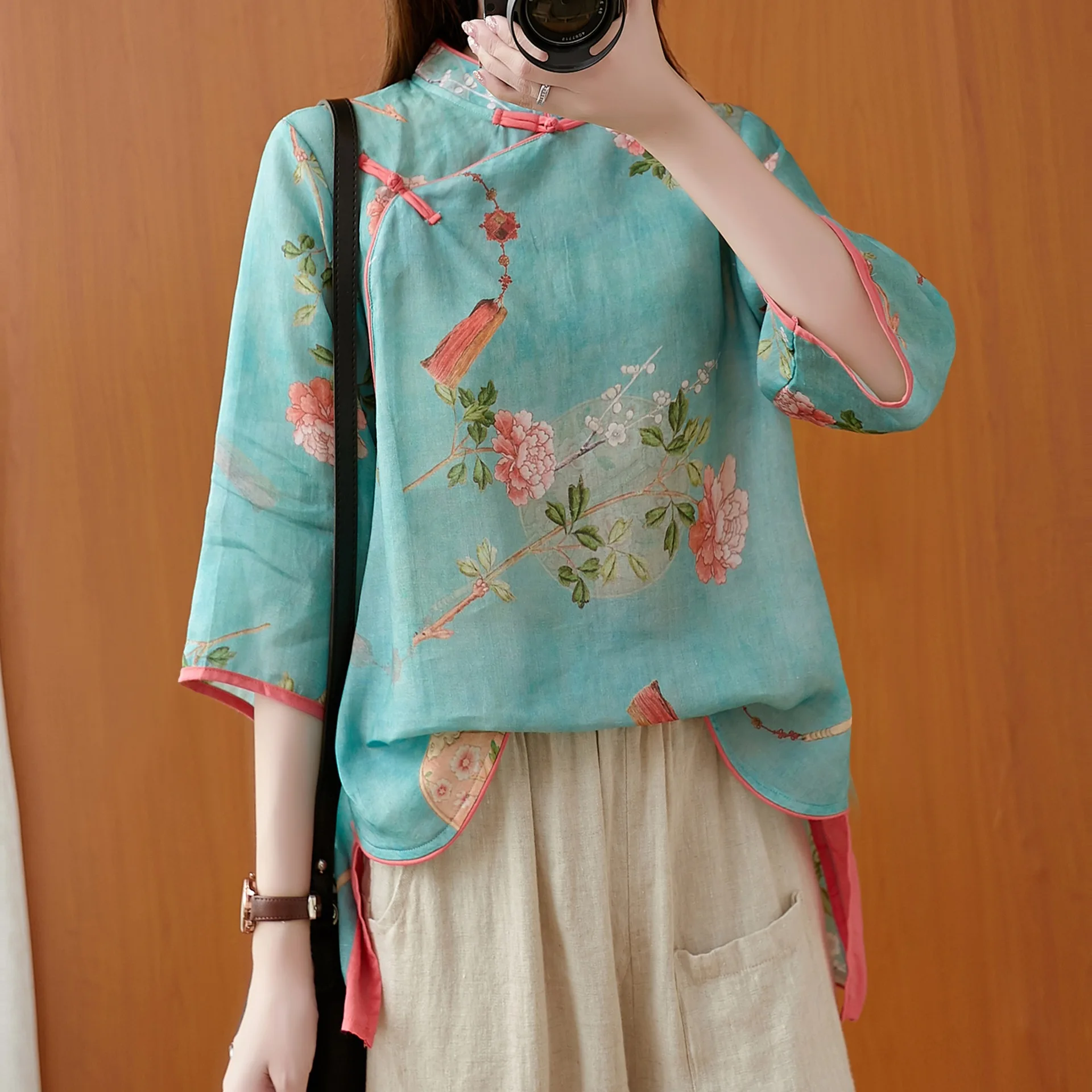 

2022 spring Hanfu new retro cotton and linen Chinese style printed loose blouse women's autumn and summer ramie short shirt