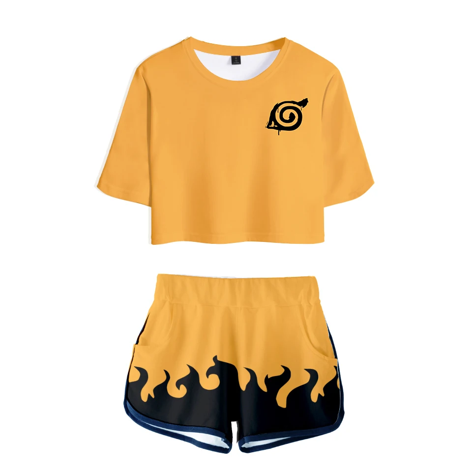 Anime Naruto Uchiha Itachi Outfits Cosplay Costume Women Girls T-shirt Tee Two Pieces Suit Crop Tops and Shorts Sportswear |