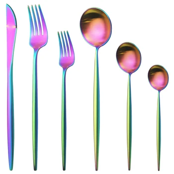 

6Pcs/Set Colorful Cutlery Set Matte Knife Dessert Fork Spoon Dinnerware Set 304 Stainless Steel Tableware Set Kitchen Dinner Set