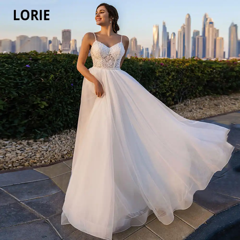 ローリービーチウェディングドレス スパゲッティストラップ V ネックレースアップリケ A ライン自由奔放に生きるソフトチュールブライダルドレス ボヘミアプラスサイズ ウェディングドレス Aliexpress