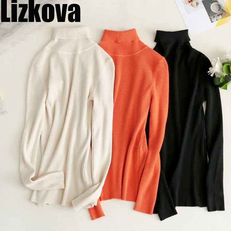

2019 Autumn Winter Slim Solid Color Turtleneck Sweater Long Sleeve Korean Style Woman Ribbed top Pullover