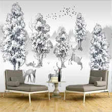 Профессиональные пользовательские обои в скандинавском стиле черный и белый лесной Лось пейзаж ТВ фон настенная декоративная живопись