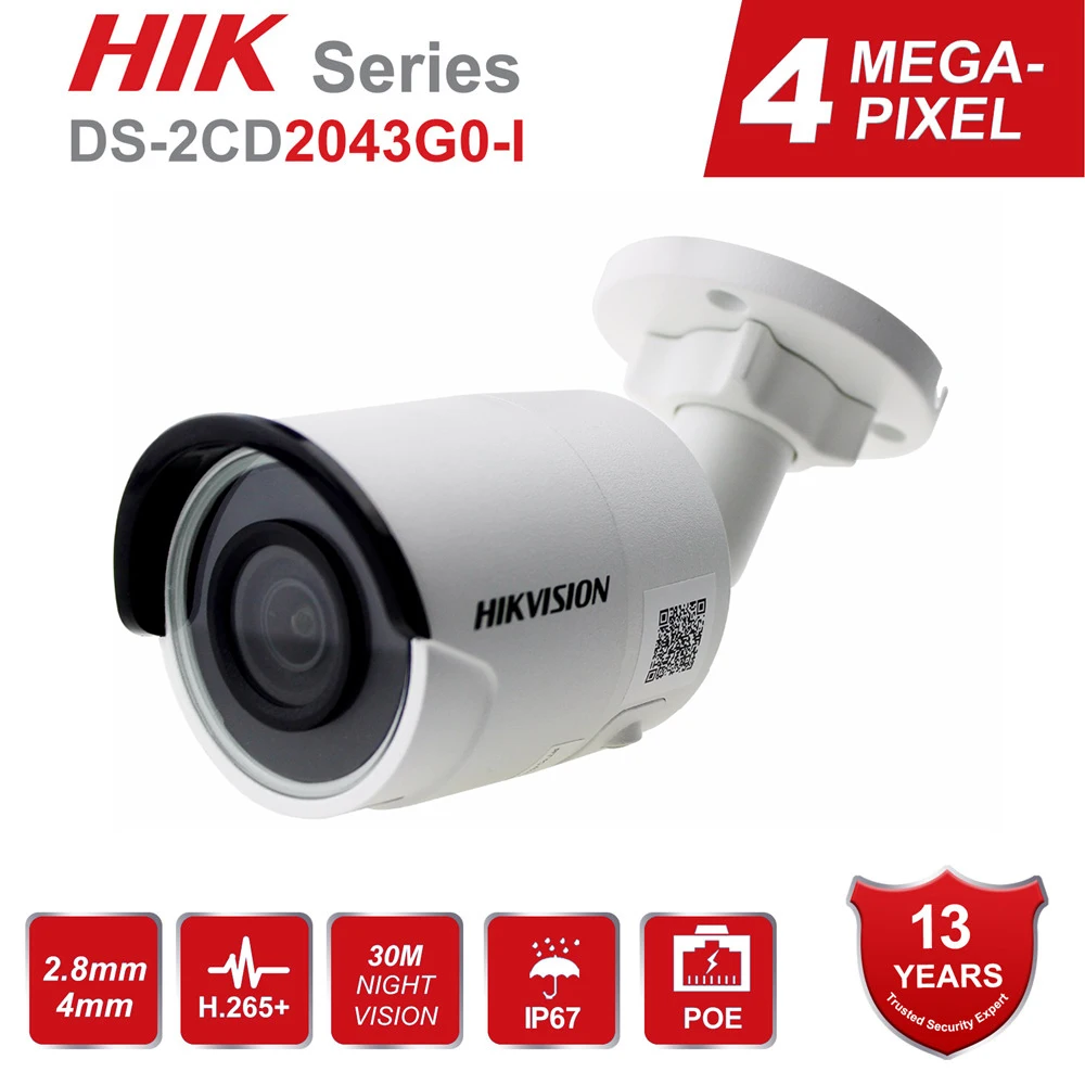 Hikvision 4MP цилиндрическая IP камера PoE H.265 + DS 2CD2043G0 I 4 мегапикселя ИК видеонаблюдение