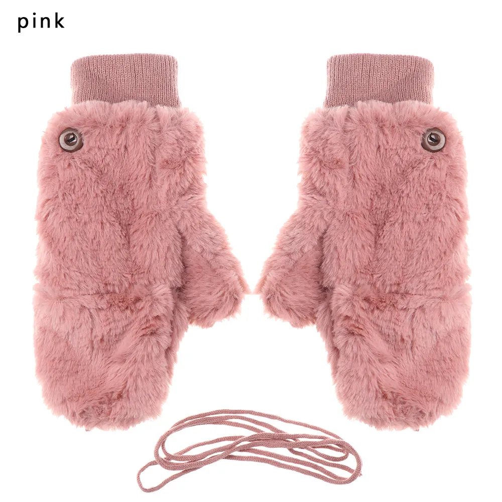pink Модные зимние женские теплые перчатки, варежки, ветрозащитные, плюшевые, искусственный мех, бархатные, плотные, мягкие, тянущиеся, флип-перчатки, теплые - Цвет: pink