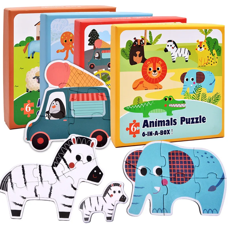 6-in-1 20CM Big Size Fun Cartoon Animal Elephant Lion Jigsaw Educational Toy Vehicles Bus Puzzle Matching Game Box for Kids Gift | Игрушки и