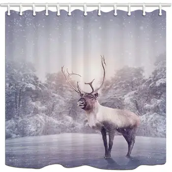 

Christmas Shower Curtains,Reindeer in Snow Fir Tree Background Design Curtain Polyester Waterproof Fabric with 12 Rust Proof