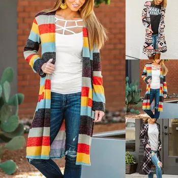 

Women Long Sleeve Cardigan Tops Casual Striped/Plaid Loose Outwear Trench Coat