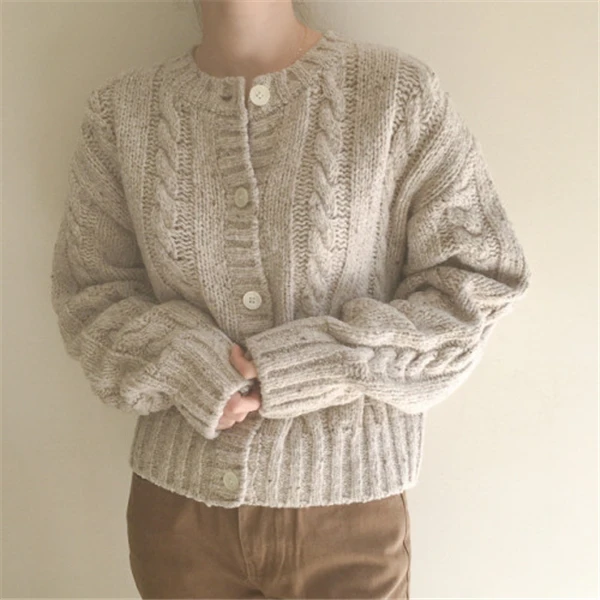 Oatmeal color RUGOD, элегантный вязаный женский кардиган, корейский стиль, круглый воротник, витая женская вязаная одежда, винтажная однотонная Повседневная Студенческая верхняя одежда - Цвет: Oatmeal color