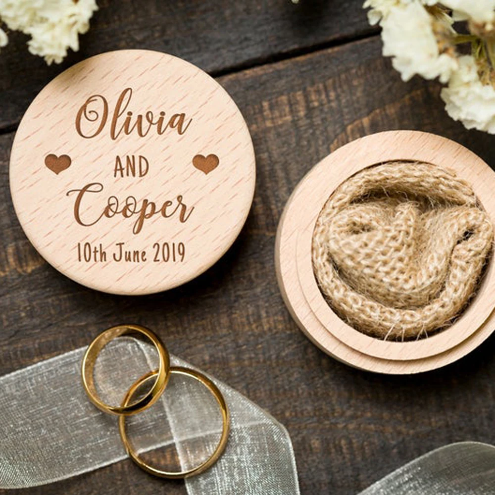 Personalized Ring Box, Wooden Unique ring box, Custom Engraved Names Wedding Ring bearer box 1