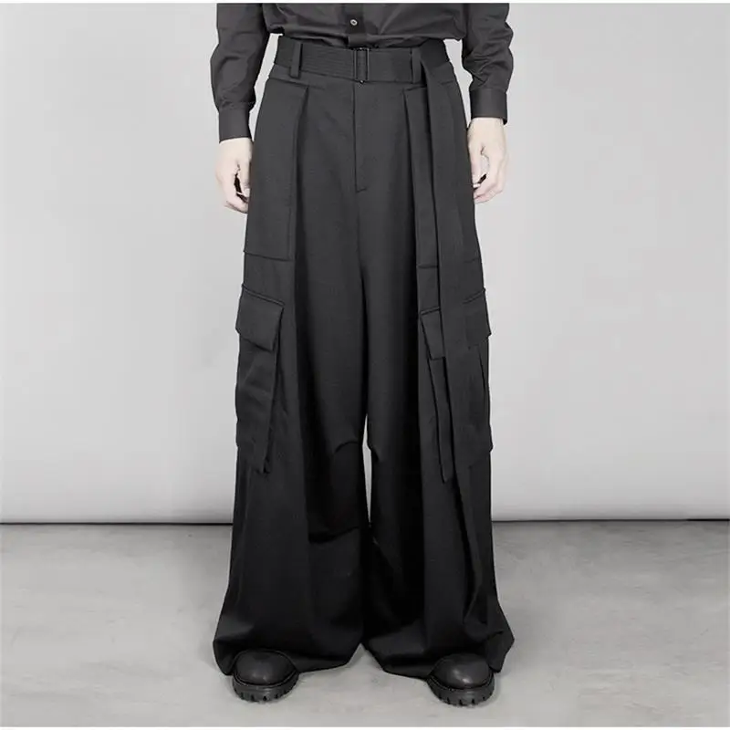 Men's new Japanese niche design singer stage style simple high-waist pants ultra long A-word bell bottoms wide leg pants