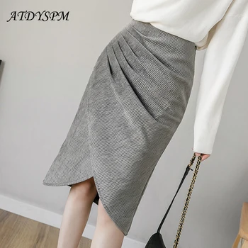 

2020 Autumn Front Pleated Corduroy Skirt For Women Fashion Slim Irregular Midi Skirts High Waist Casual A-Line Skirts Womens