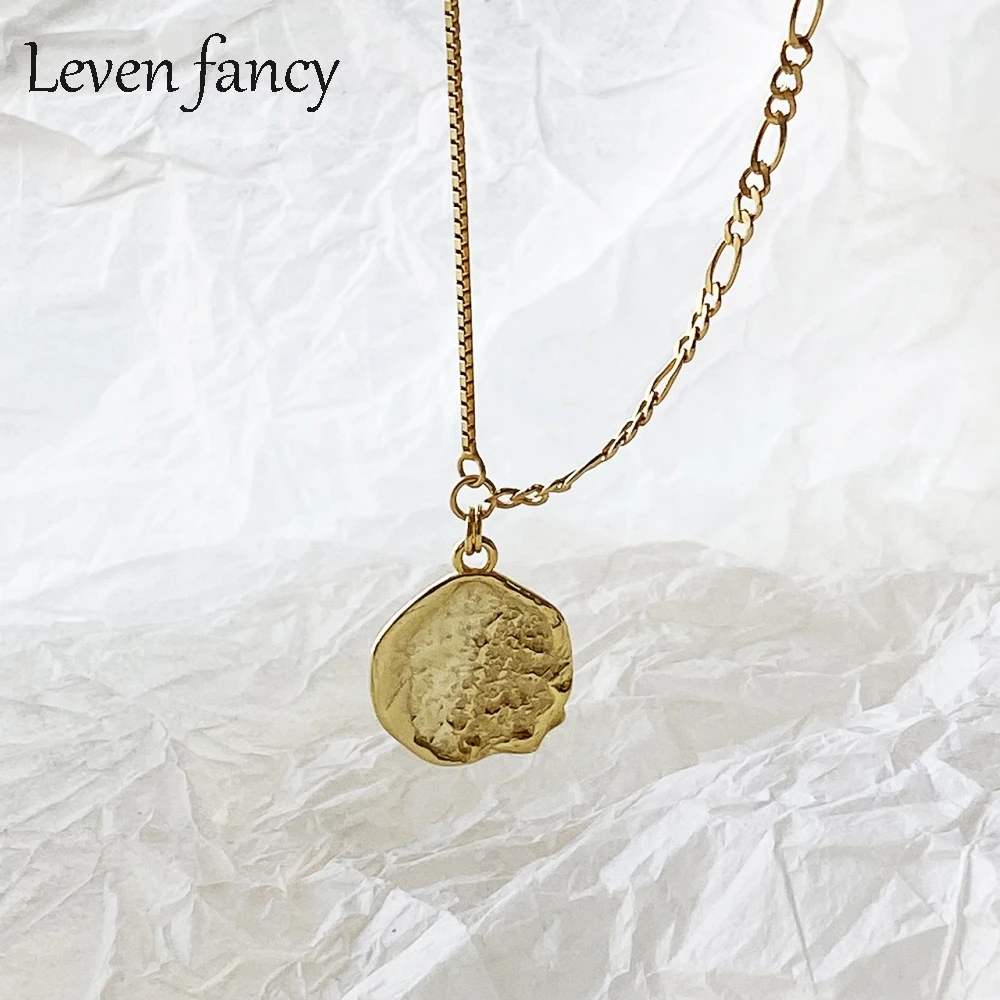 925 Sterling Silver Jewelry Necklace Irregular Box Chain and Figaro Round Medal Weave Beach Surface Pendant Necklaces | Украшения и