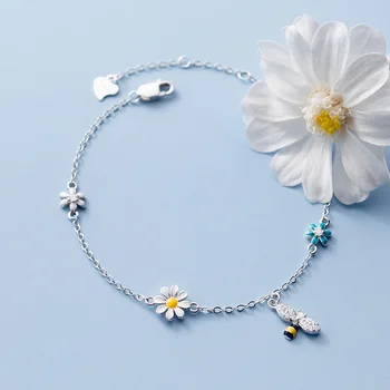 

Genuine 925 Sterling Silver Bee and Daisy Bracelet Cute Colorful Flowers Bumble Bee Chains Bracelets for Women Birthday Gifts