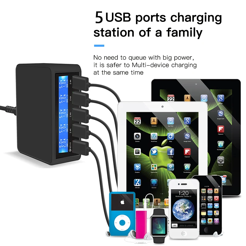 AIXXCO USB Quick Charger 40W 5-Port LED Display