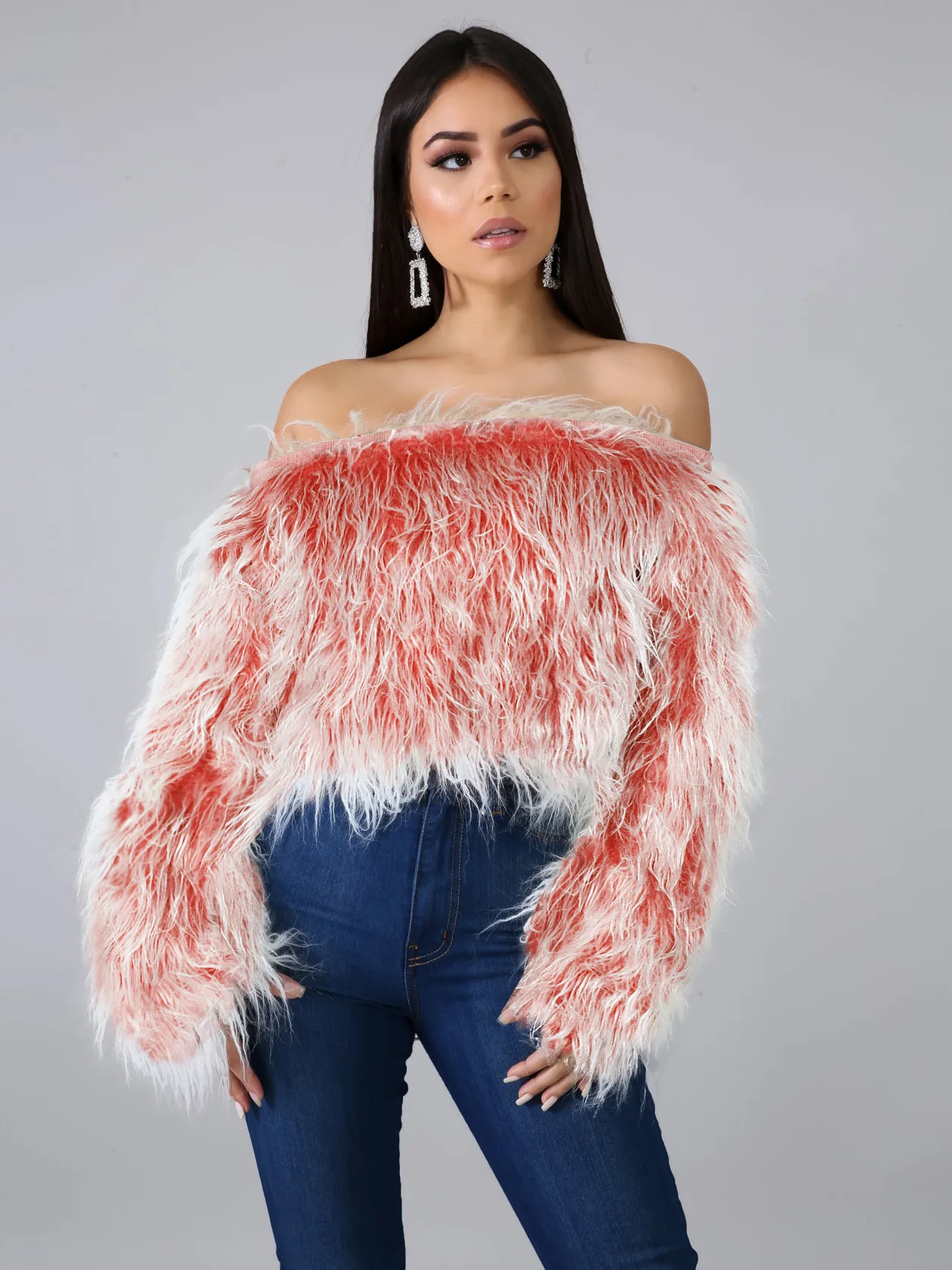 Pink Faux Fur Coat Women Elegant Off Shoulder Long Sleeve Autumn Winter Gradient Coat For Women Warm Pullover Sweater Coat Top