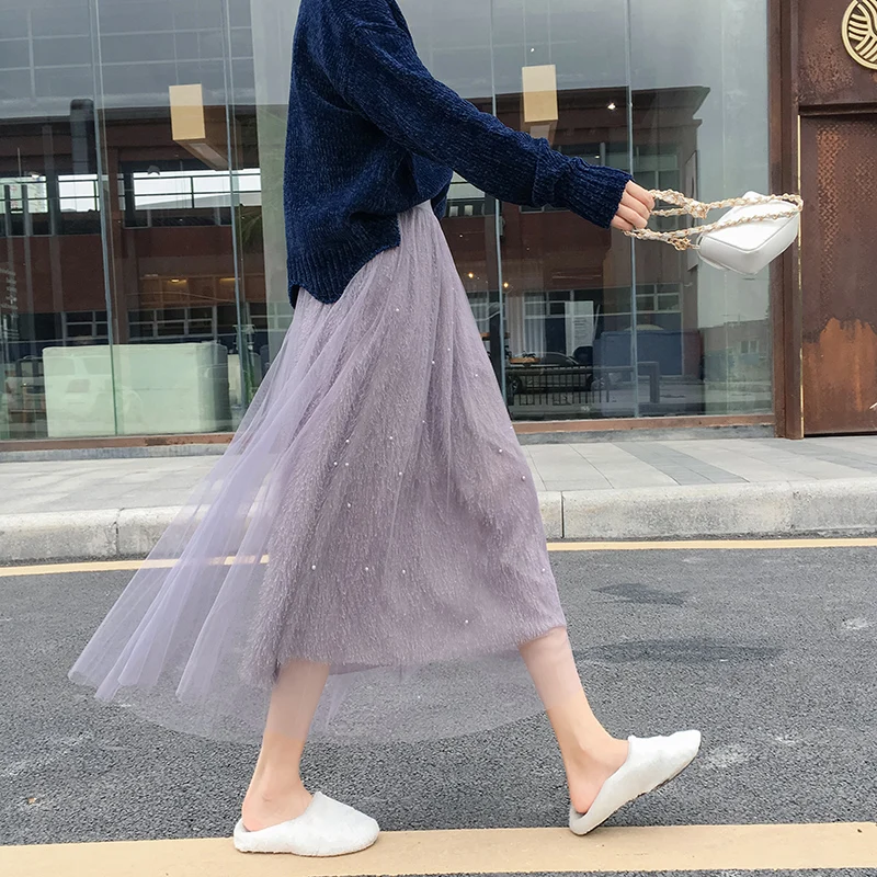 

Autumn 2019 Women Tulle Skirts Pearl Gauze Net Tassel Lining High Waist Pink Fairy Women Long Tulle Skirts Korean Pleated Skirt