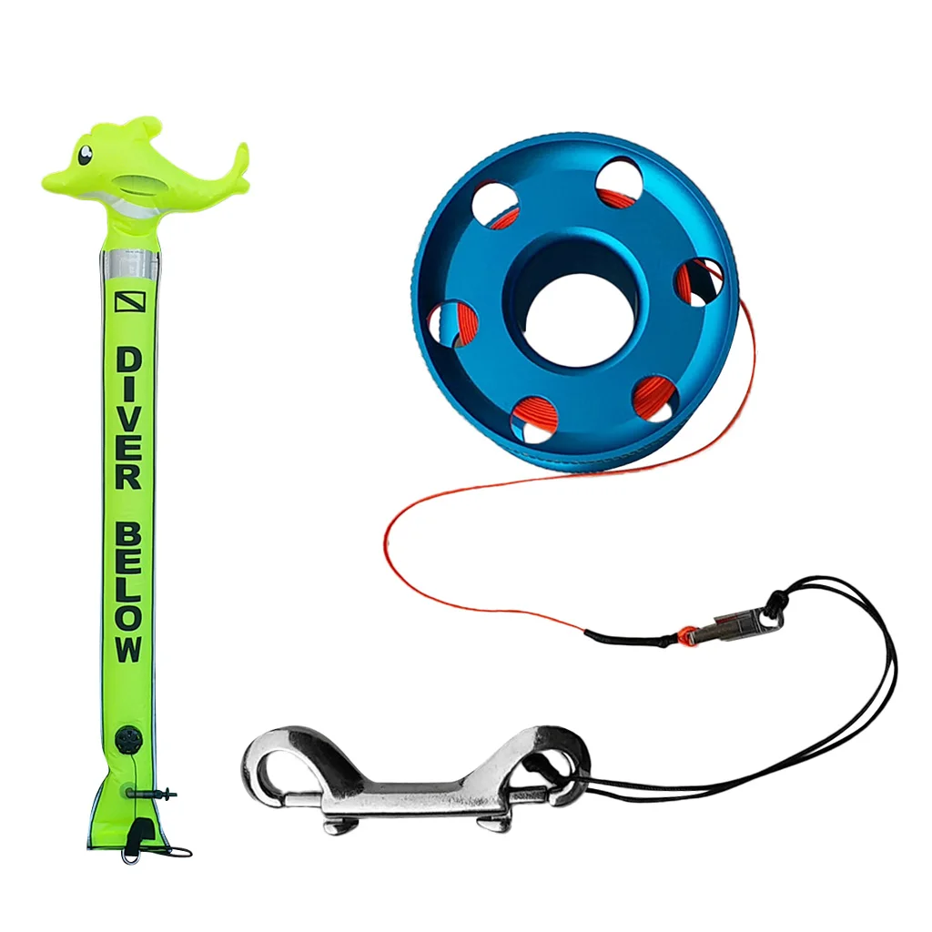 

Compact Scuba Diving Reel SMB Safety Floatable Signal Tube Finger Spool with 98ft Line Steel Dual Snap Clip