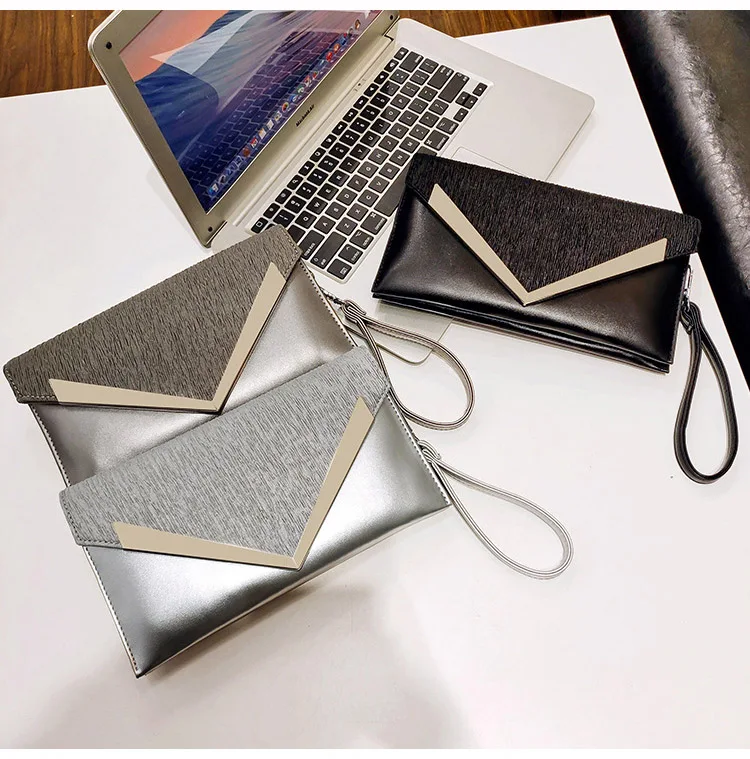 Ladies Luxury PU leather Envelope Clutch Bag Fashion Designer Women Wedding Party Shoulder Bag Simple Black Handbag Purse Silver (2)